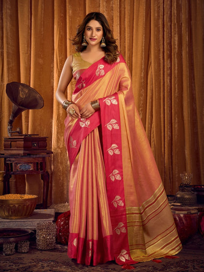 Rajwada Peach Silk Blend Solid Saree For Women