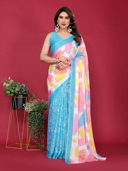 Rajwada Sky Blue Silk Blend Printed Saree For Women