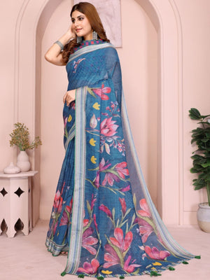 Rajwada Blue Cotton Printed Saree For Women