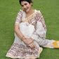Rajwada Off White Cotton Blend Solid Printed Saree For Women