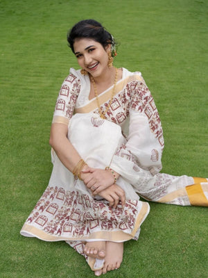 Rajwada Off White Cotton Blend Solid Printed Saree For Women