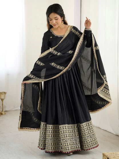 Rajwada Black Chinon Silk Embroidered Stitched Kurta Set For Women