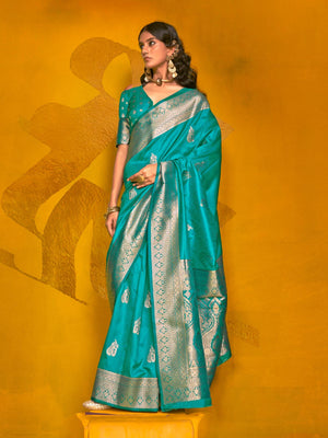Rajwada Teal Silk Blend Woven Saree With Unstitched Blouse For Women