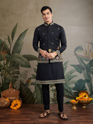 Rajwada Black Cotton Blend Embroidered Stitched Kurta For Men
