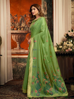 Rajwada Light Green Cotton Blend Solid Saree For Women