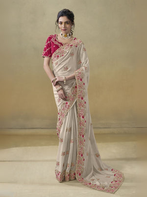 Rajwada Cream Georgette Embroidered Elegant Saree For Women