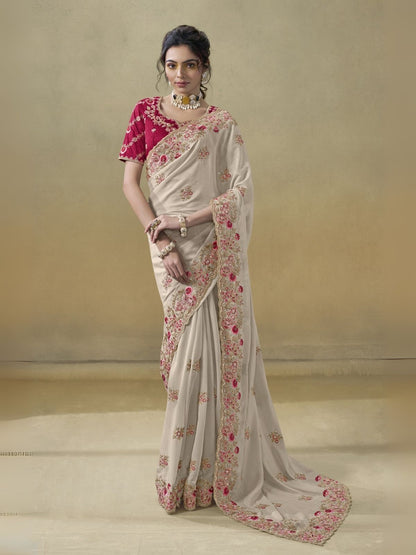 Rajwada Cream Georgette Embroidered Elegant Saree For Women