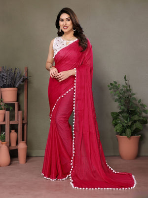 Rajwada Red  Banglori Lace Work Saree With Unstitched Blouse For Women