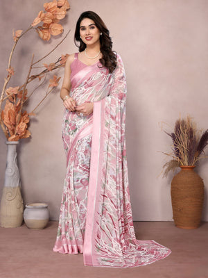 Rajwada Peach Satin Printed Saree With Unstitched Blouse For Women