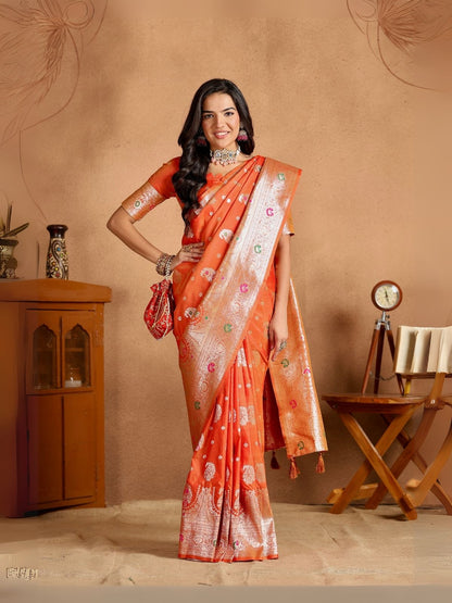 Rajwada Orange Silk Blend Woven Elegant Saree For Women