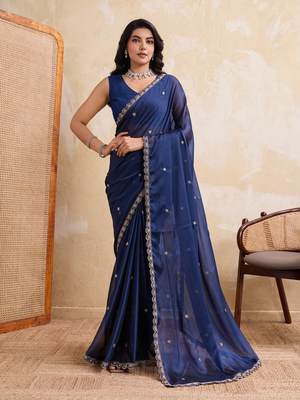 Rajwada Navy Blue Silk Blend Embroidered Saree For Women