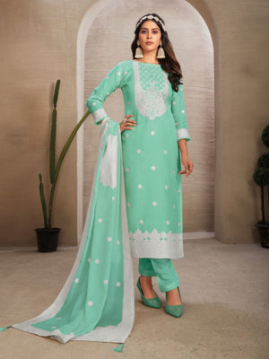 Rajwada Green Organza Embroidered Semi-Stitched Kurta Set For Women