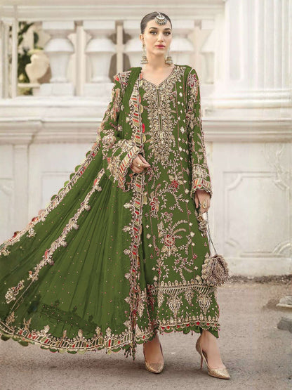 Rajwada Olive Chiffon Embellished Semi-Stitched Kurta Set For Women