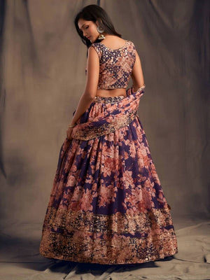 Rajwada Purple Organza Printed And Embriodered Semi-Stitched Lehenga For Women