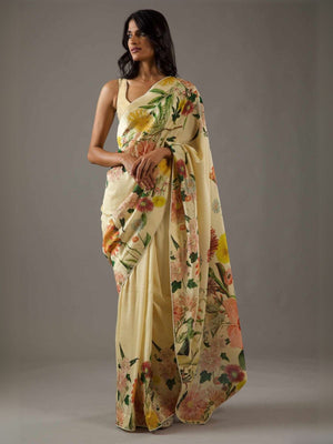 Rajwada Light Yellow Georgette Floral Printed Saree With Unstitched Blouse For Women