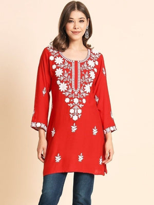 Rajwada Red Rayon Embroidered Kurti For Women