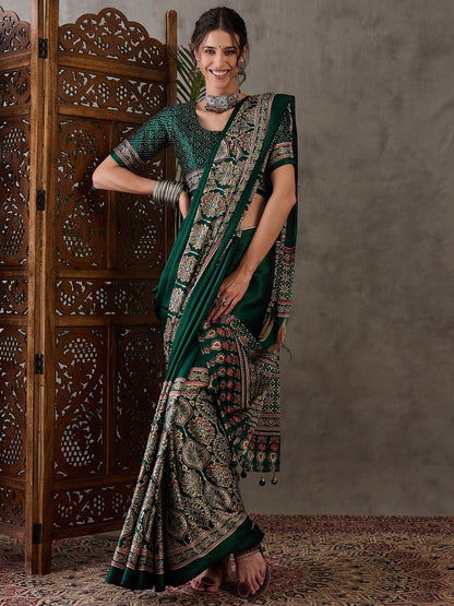 Rajwada Green Silk Blend Printed Elegant Saree For Women