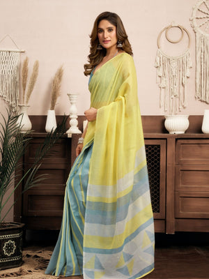 Rajwada Blue And Yellow Cotton Linen Zari Work Saree For Women