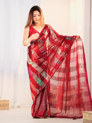 Rajwada Red Georgette Embellished Saree With Unstitched Blouse For Women