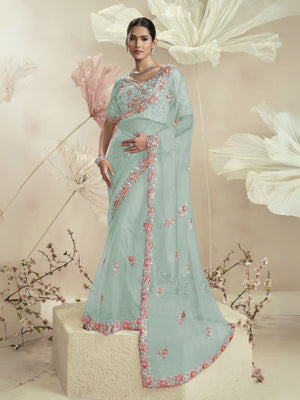 Rajwada Sea Green Net Embellished Elegant Saree For Women
