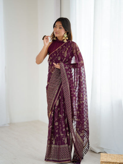 Rajwada Wine Georgette Peacock Motifs Saree For Women