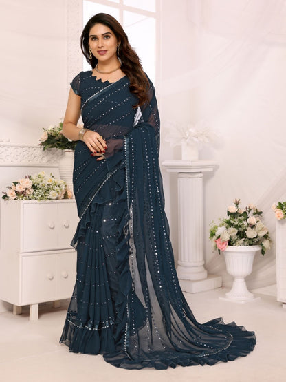 Rajwada Teal Blue Georgette Embellished Saree For Women