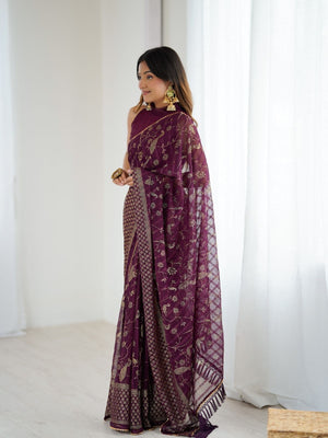 Rajwada Wine Georgette Peacock Motifs Saree For Women