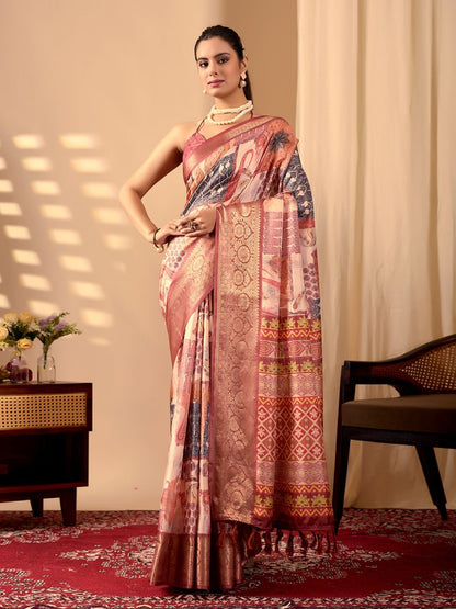 Rajwada Orange Silk Blend Printed Saree For Women
