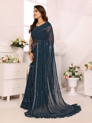 Rajwada Teal Blue Georgette Embellished Saree For Women