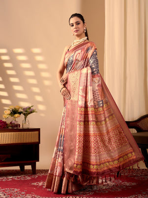 Rajwada Orange Silk Blend Printed Saree For Women