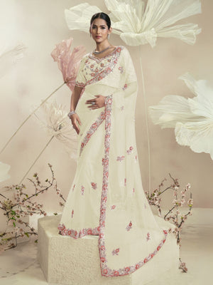 Rajwada Cream Net Embellished Elegant Saree For Women