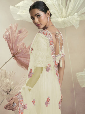 Rajwada Cream Net Embellished Elegant Saree For Women