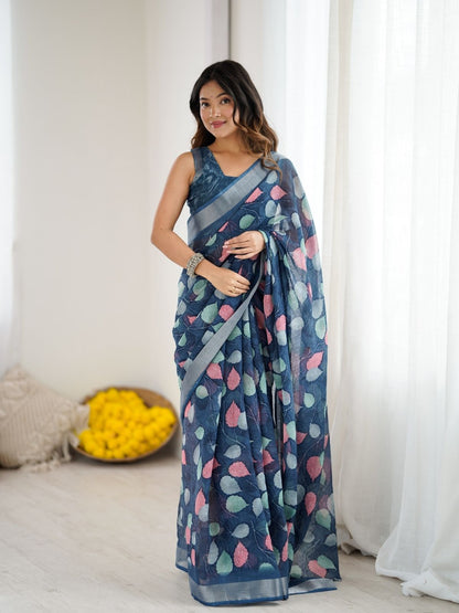 Rajwada Dark Blue Linen Cotton Printed Saree For Women