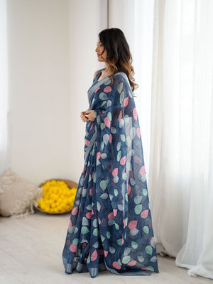 Rajwada Dark Blue Linen Cotton Printed Saree For Women
