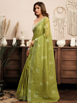 Rajwada Olive Cotton Linen Zari Work Saree For Women