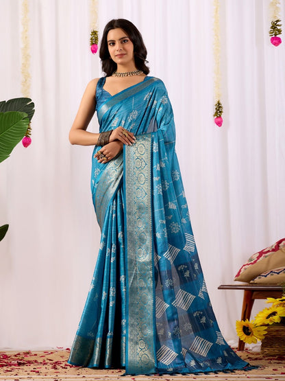 Rajwada Blue Silk Blend Printed Saree For Women