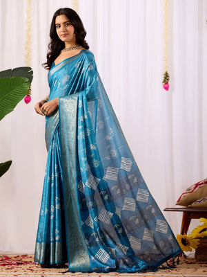 Rajwada Blue Silk Blend Printed Saree For Women