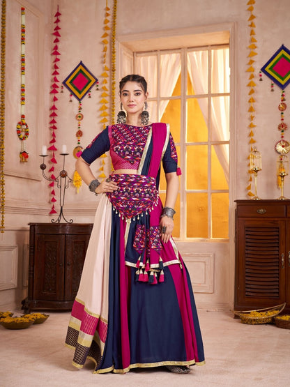 Rajwada Multicolor Cotton Blend Solid With Golden Border Semi-Stitched Lehenga For Women