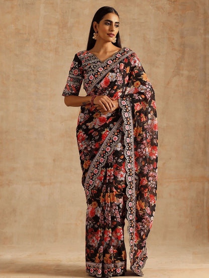 Rajwada Black Georgette Embroidered Printed Saree For Women