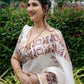 Rajwada Off White Cotton Blend Solid Printed Saree For Women