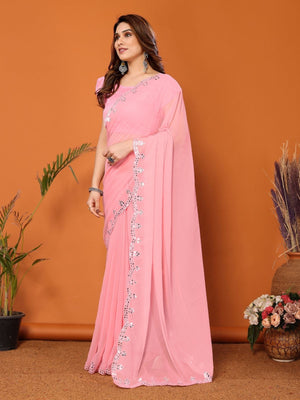 Rajwada Light Pink Georgette Printed Saree For Women