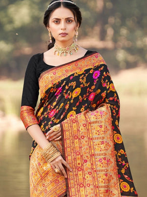 Rajwada Black Silk Blend Woven Saree For Women
