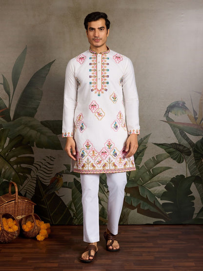 Rajwada White Silk Blend Embroidered Stitched Kurta For Men