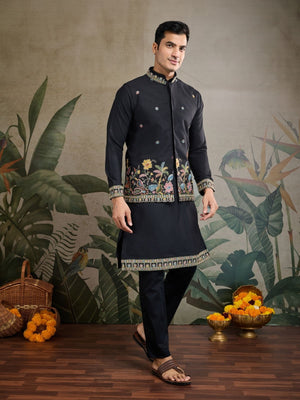 Rajwada Black Cotton Blend Embroidered Stitched Kurta For Men