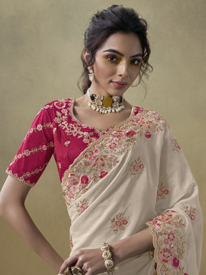 Rajwada Cream Georgette Embroidered Elegant Saree For Women