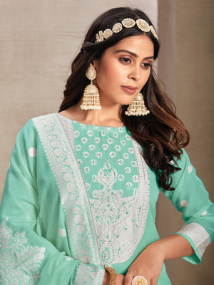 Rajwada Green Organza Embroidered Semi-Stitched Kurta Set For Women