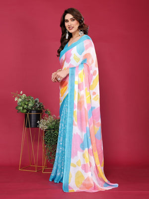 Rajwada Sky Blue Silk Blend Printed Saree For Women