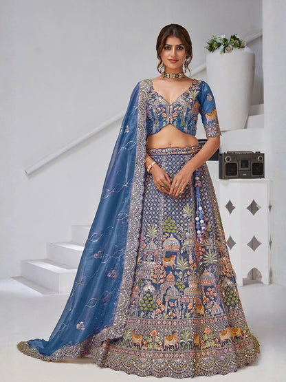 Rajwada Blue Organza Tissue Embroidered Semi-Stitched Lehenga For Women