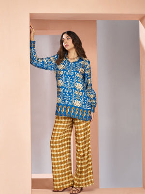 Rajwada Blue Linen Printed Stitched Co-Ord Set For Women