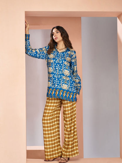 Rajwada Blue Linen Printed Stitched Co-Ord Set For Women